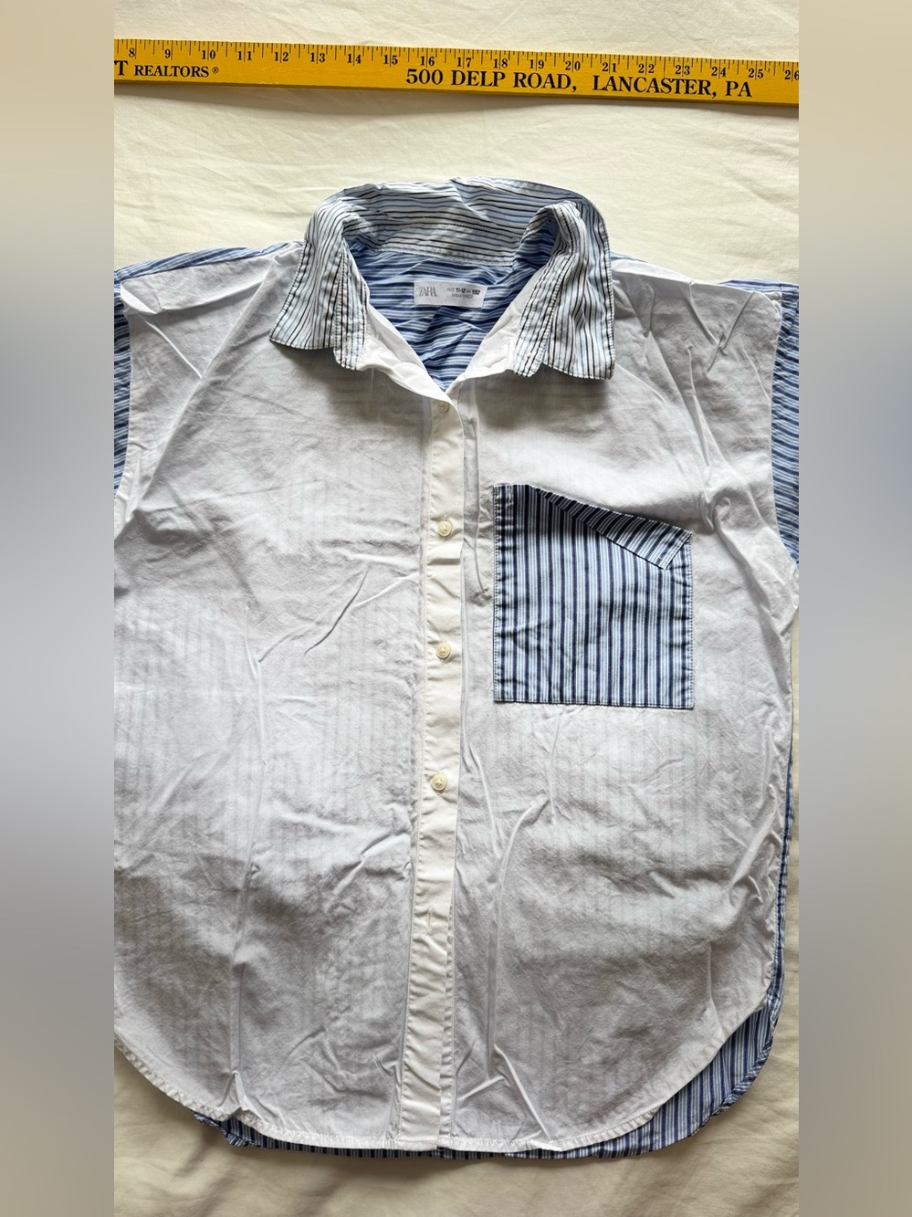 Zara Men's White Button-Down Shirt with Blue Stripe Pocket and Trim